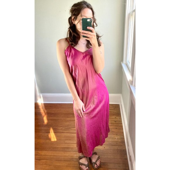 Vintage 90s Hot Pink Fuschia Irridescent Silk Midi Sleeveless Slip Dress S/M - Picture 10 of 10